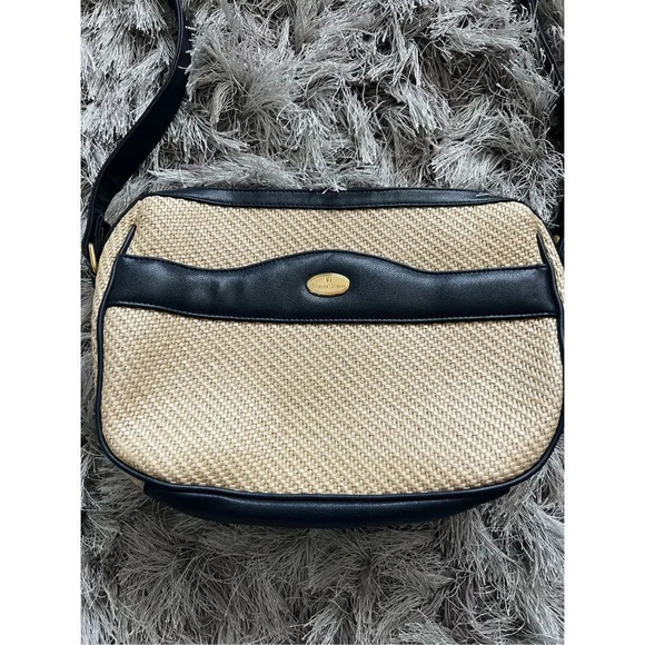 Eitenne Aiger Straw Crossbody Bag With Navy Blue Leather Straps Gold Hardware - Picture 2 of 6